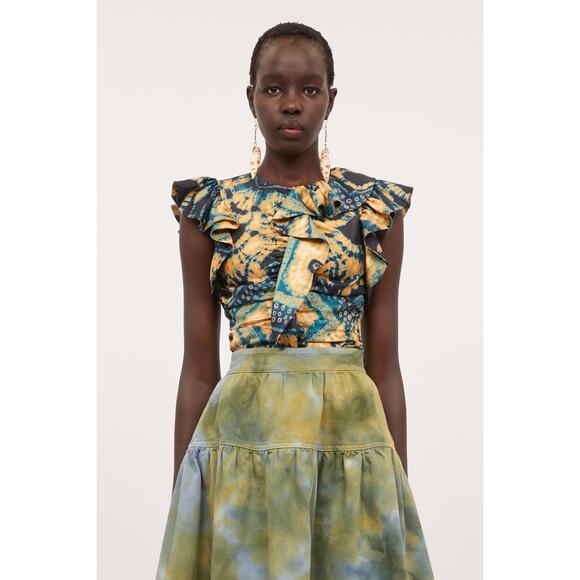 NWT Ulla Johnson Vida Top Blue Green Gold Silk Shibori Ruffles Sz 00 Chic Boho - Picture 1 of 16